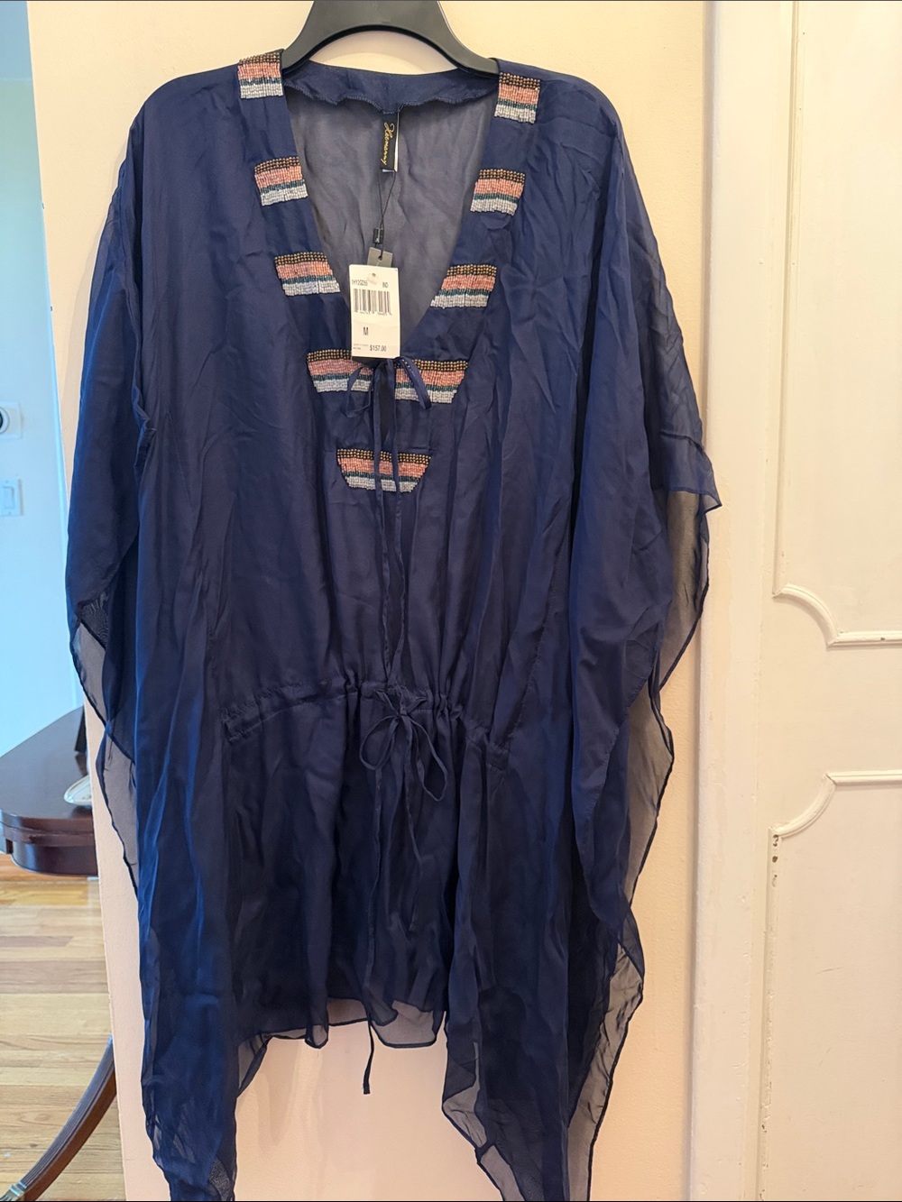 Beachwear Hermanny Glamorous Navy Lightweight Silk Sheer Topper with sequence